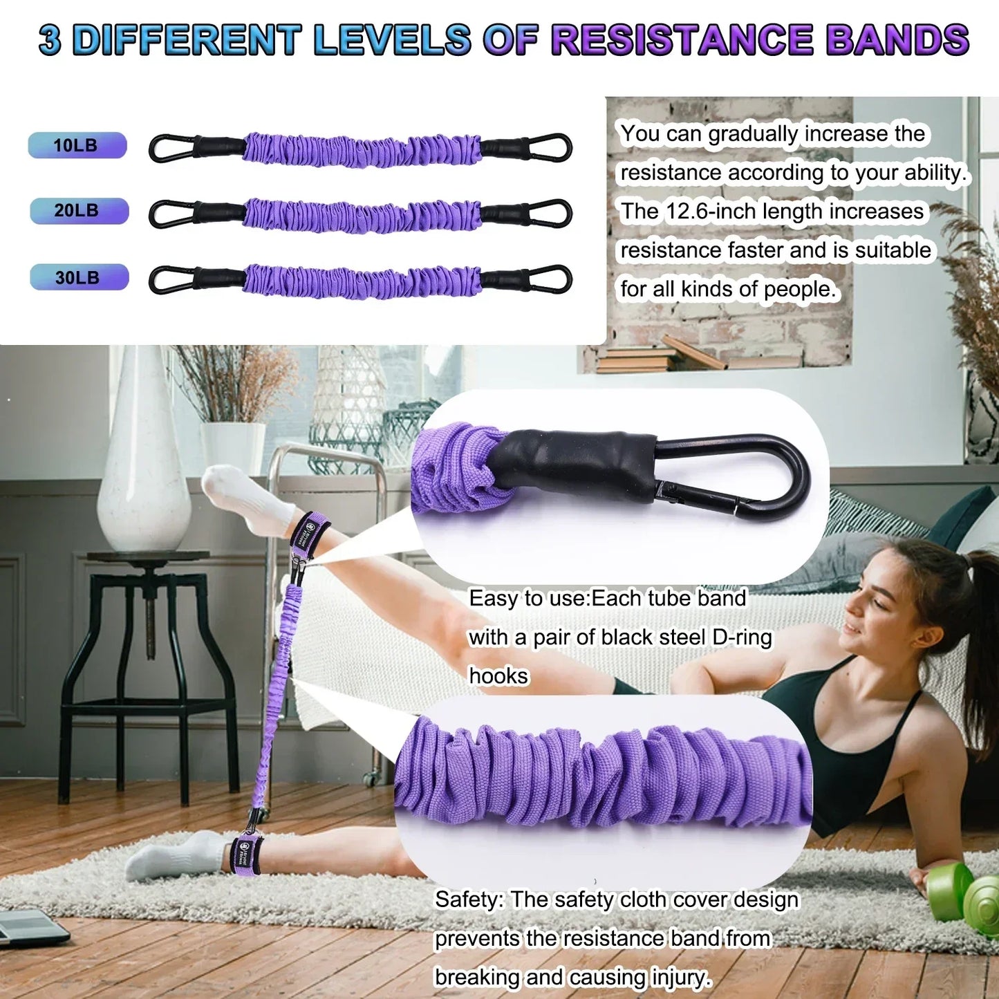 Leg & Glute Ankle Resistance Bands with Cuffs - 60LB Set of 3